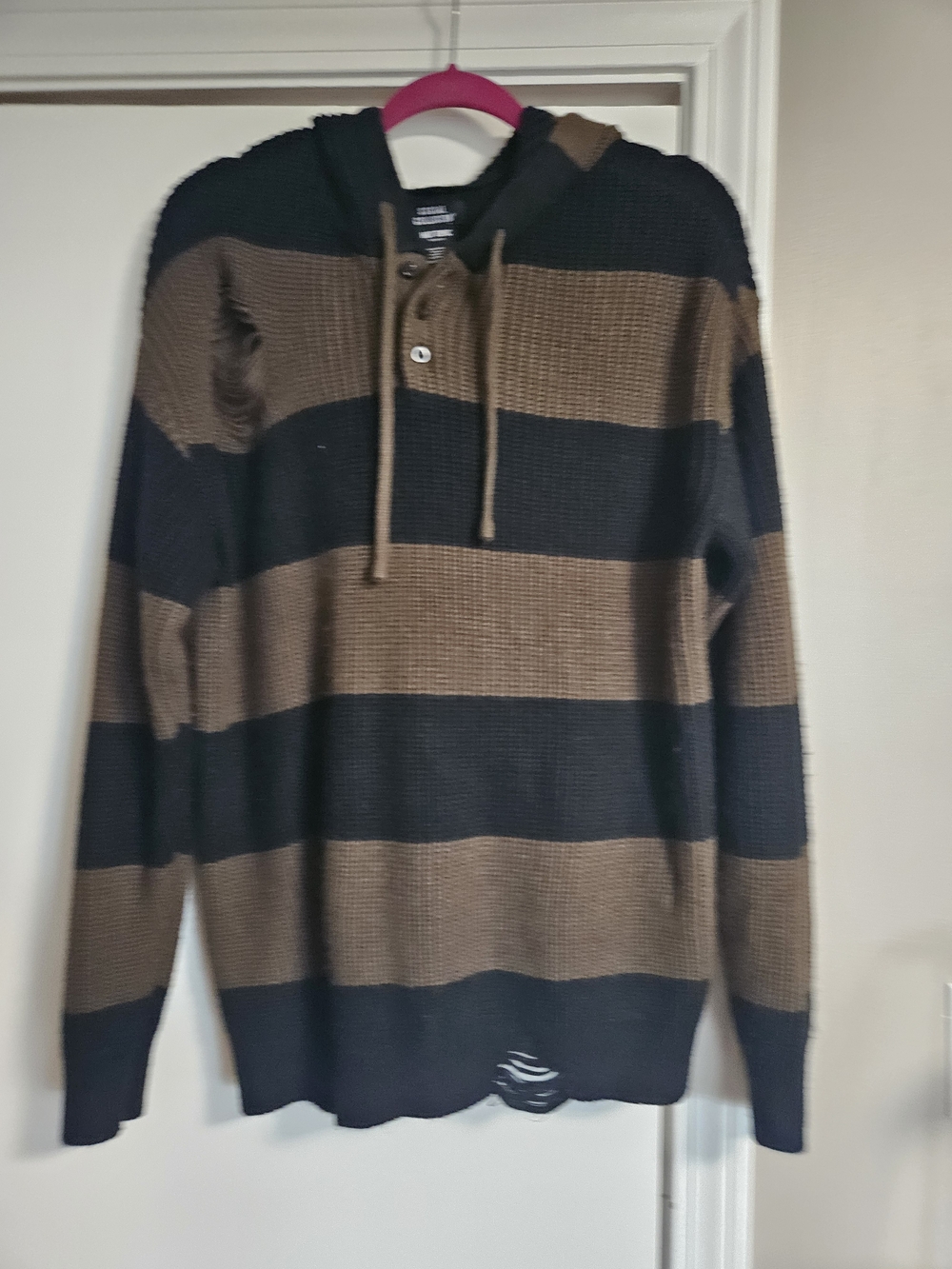 Hot Topic Men's Social Collision Brown & Black Stripe Hooded Sweater
